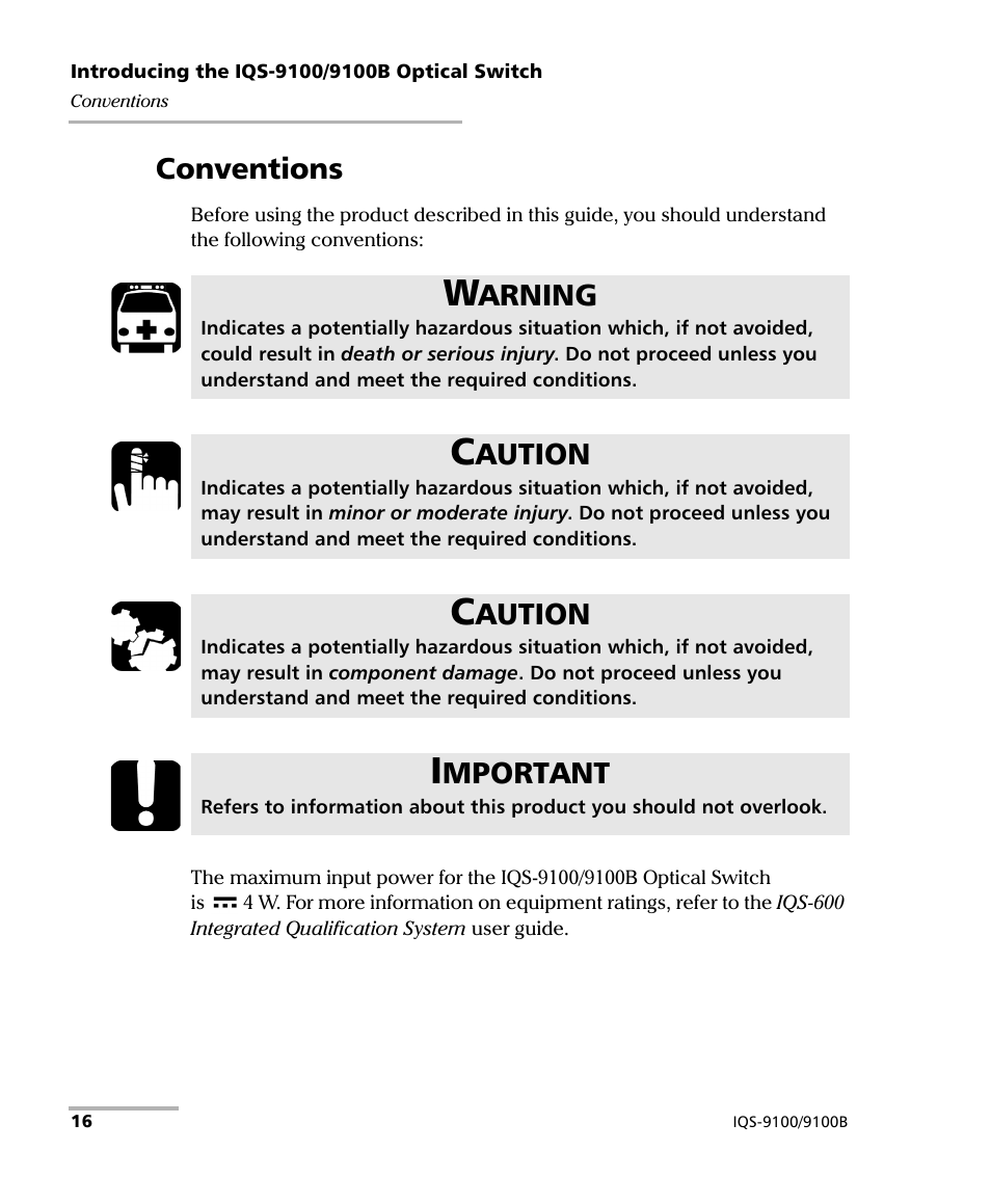 Conventions, Arning, Aution | Mportant | EXFO IQS-9100B Optical Switch for IQS-500/600 User Manual | Page 22 / 102