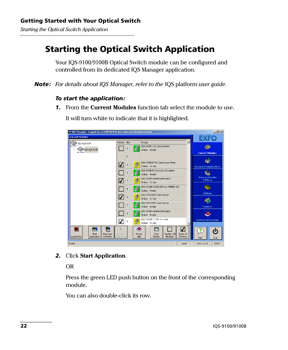 Starting the optical switch application | EXFO IQS-9100B Optical Switch for IQS-500/600 User Manual | Page 28 / 102