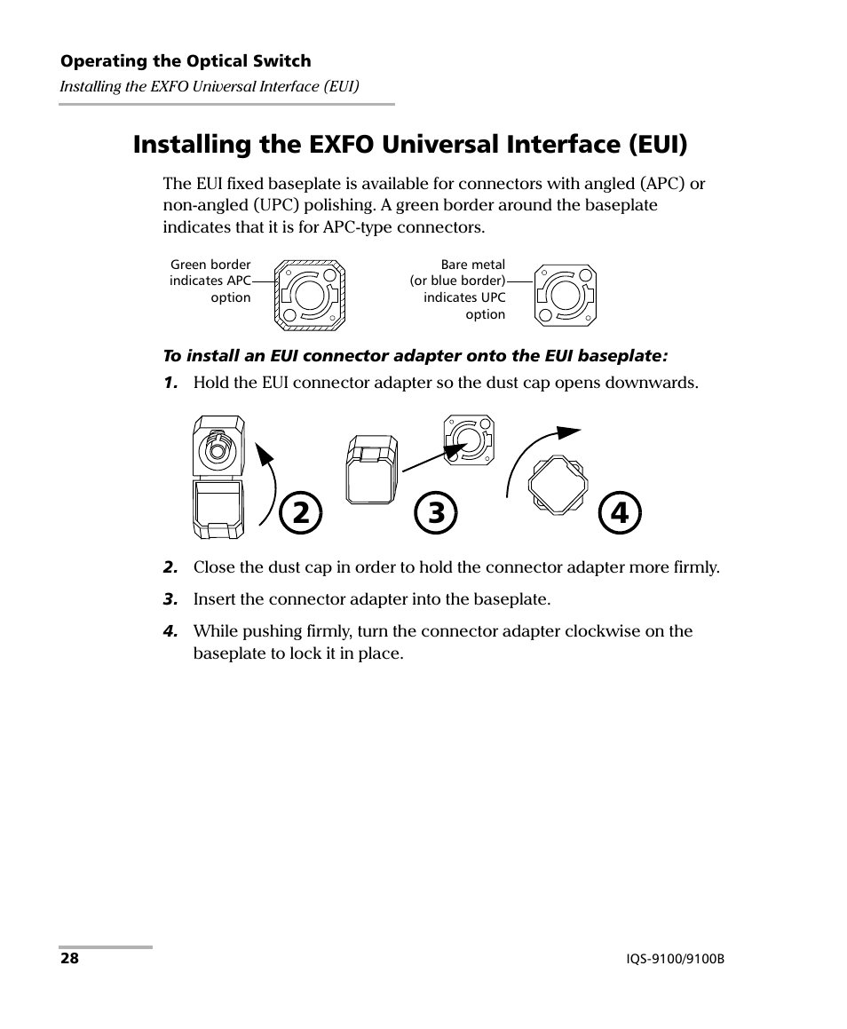 Installing the exfo universal interface (eui) | EXFO IQS-9100B Optical Switch for IQS-500/600 User Manual | Page 34 / 102