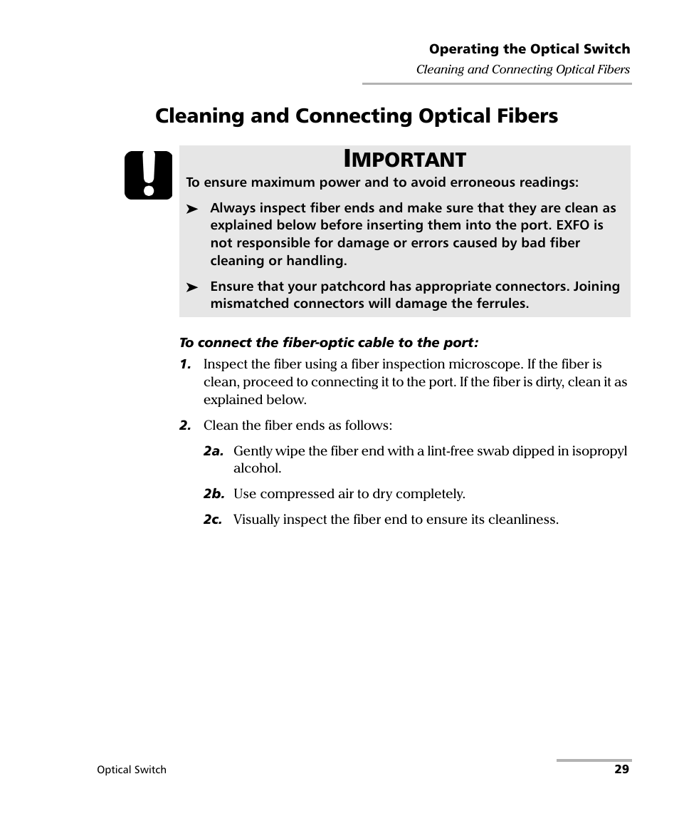 Cleaning and connecting optical fibers, Mportant | EXFO IQS-9100B Optical Switch for IQS-500/600 User Manual | Page 35 / 102