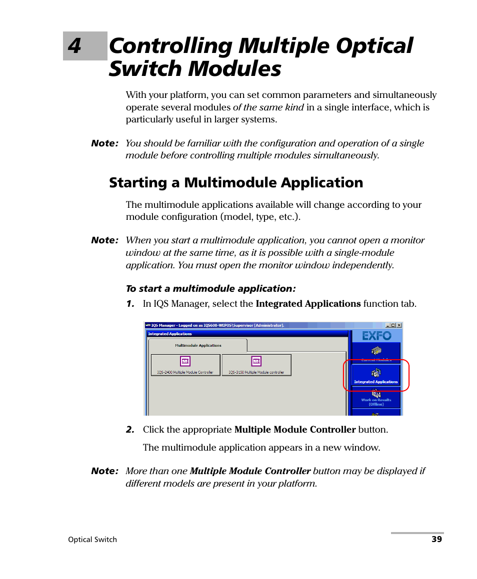 4 controlling multiple optical switch modules, Starting a multimodule application, 4controlling multiple optical switch modules | EXFO IQS-9100B Optical Switch for IQS-500/600 User Manual | Page 45 / 102