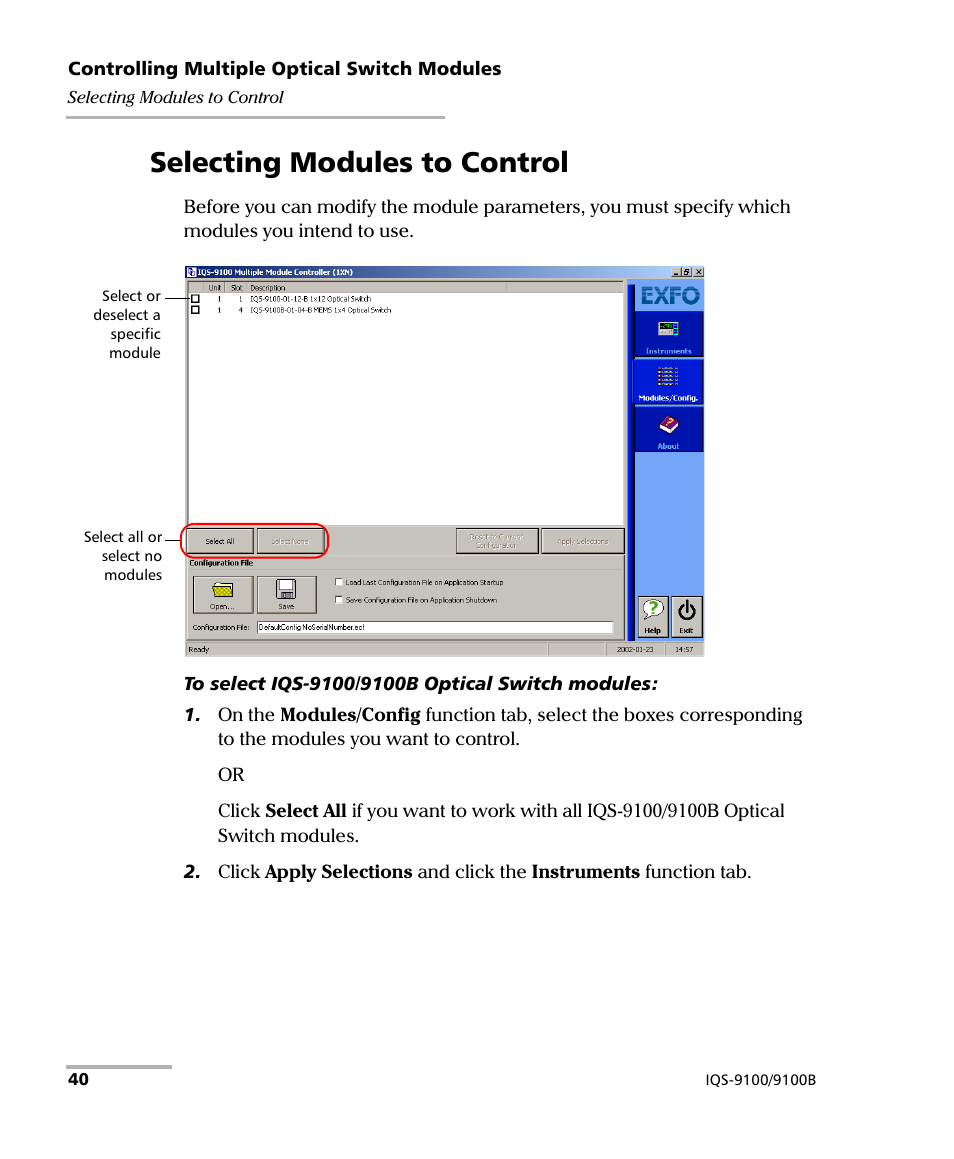 Selecting modules to control | EXFO IQS-9100B Optical Switch for IQS-500/600 User Manual | Page 46 / 102