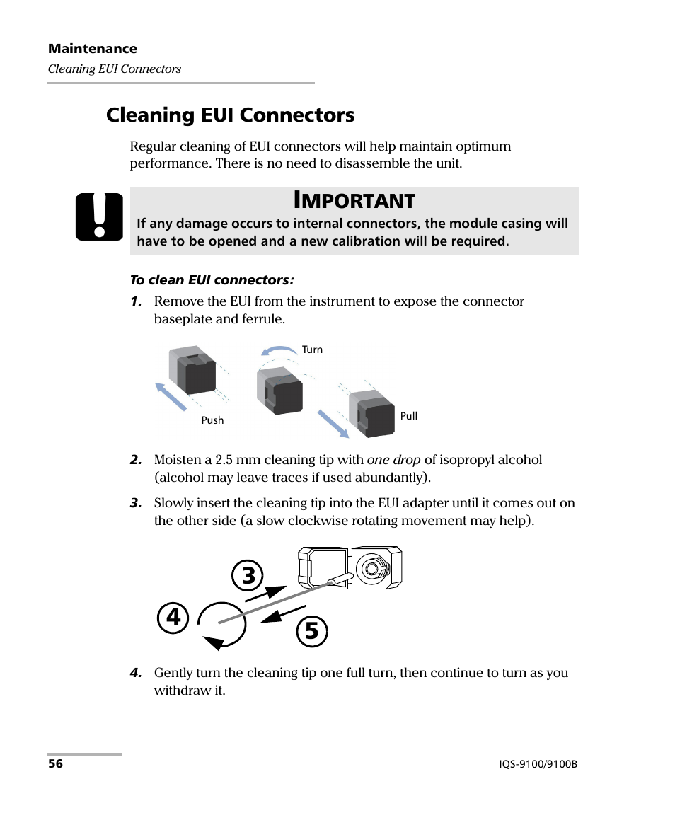 Cleaning eui connectors, Mportant | EXFO IQS-9100B Optical Switch for IQS-500/600 User Manual | Page 62 / 102