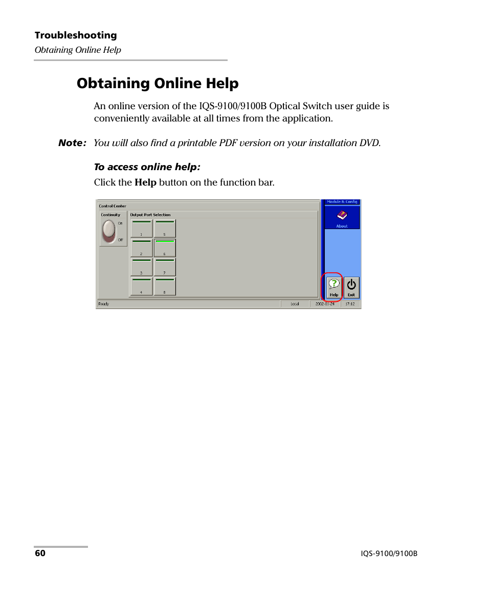 Obtaining online help | EXFO IQS-9100B Optical Switch for IQS-500/600 User Manual | Page 66 / 102