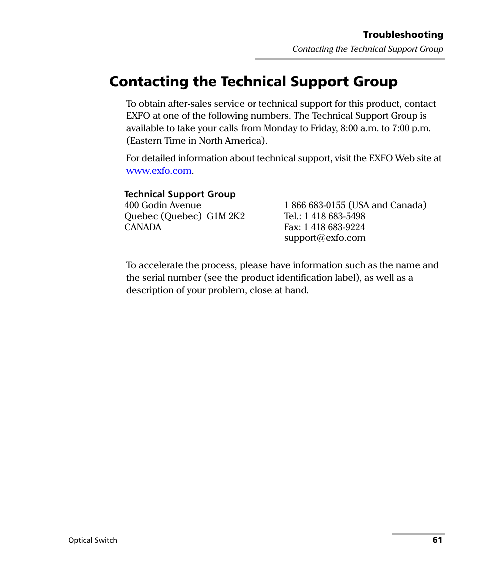 Contacting the technical support group | EXFO IQS-9100B Optical Switch for IQS-500/600 User Manual | Page 67 / 102
