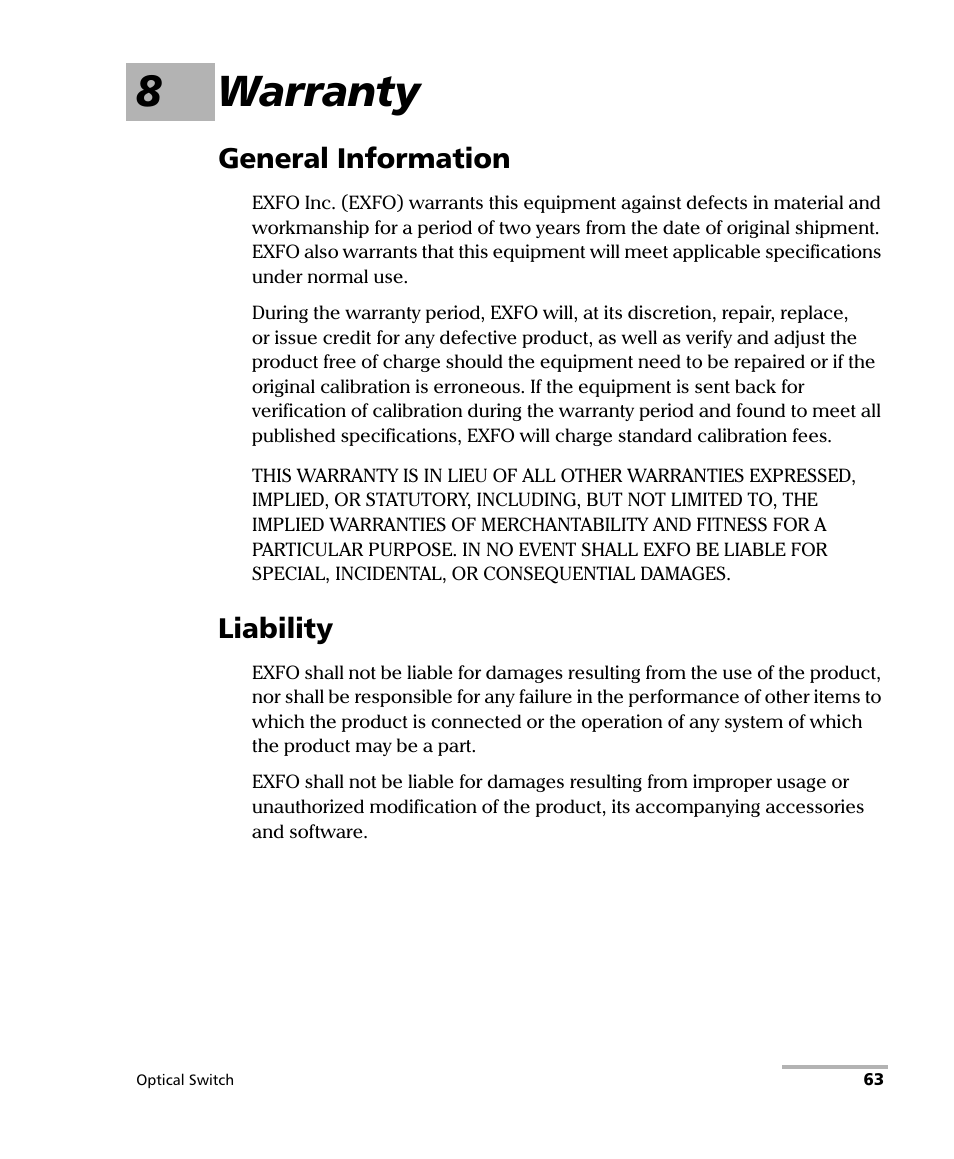 8 warranty, General information, Liability | General information liability, 8warranty | EXFO IQS-9100B Optical Switch for IQS-500/600 User Manual | Page 69 / 102