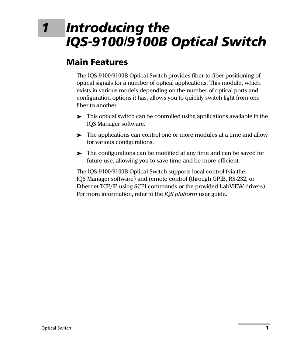 1 introducing the iqs-9100/9100b optical switch, Main features | EXFO IQS-9100B Optical Switch for IQS-500/600 User Manual | Page 7 / 102