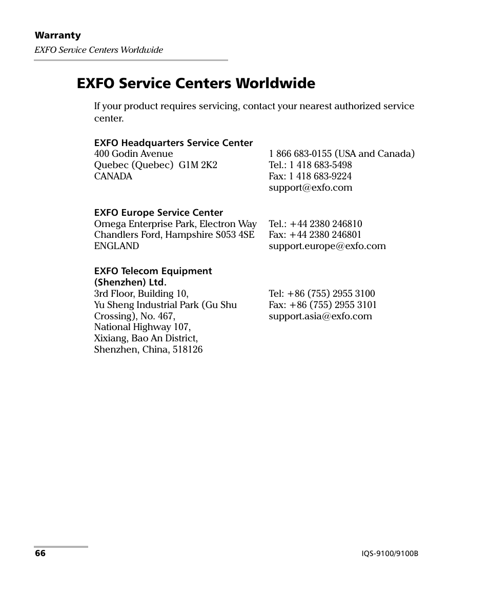 Exfo service centers worldwide | EXFO IQS-9100B Optical Switch for IQS-500/600 User Manual | Page 72 / 102