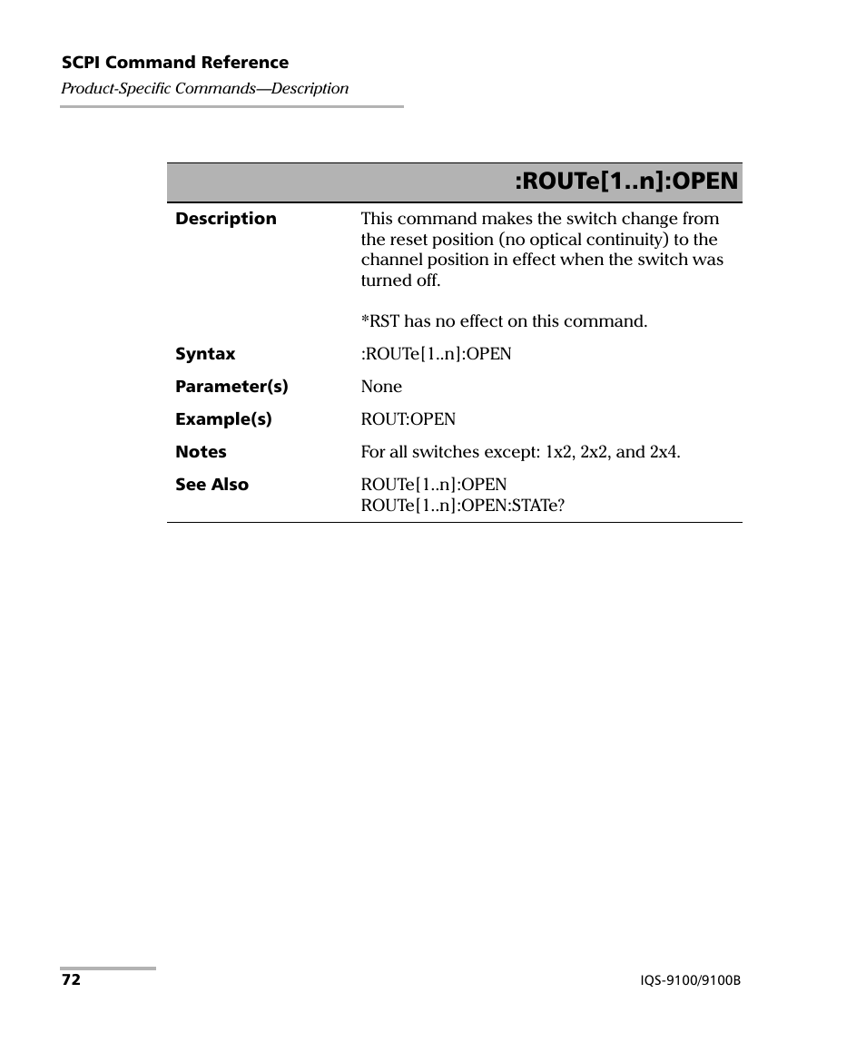 Route[1..n]:open | EXFO IQS-9100B Optical Switch for IQS-500/600 User Manual | Page 78 / 102