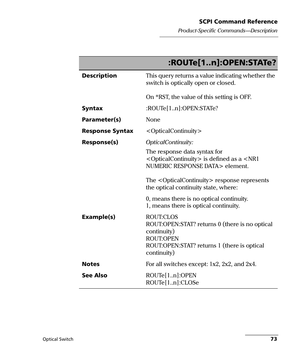 Route[1..n]:open:state | EXFO IQS-9100B Optical Switch for IQS-500/600 User Manual | Page 79 / 102