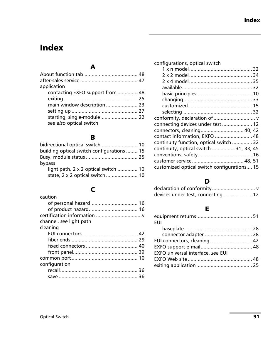 Index | EXFO IQS-9100B Optical Switch for IQS-500/600 User Manual | Page 97 / 102