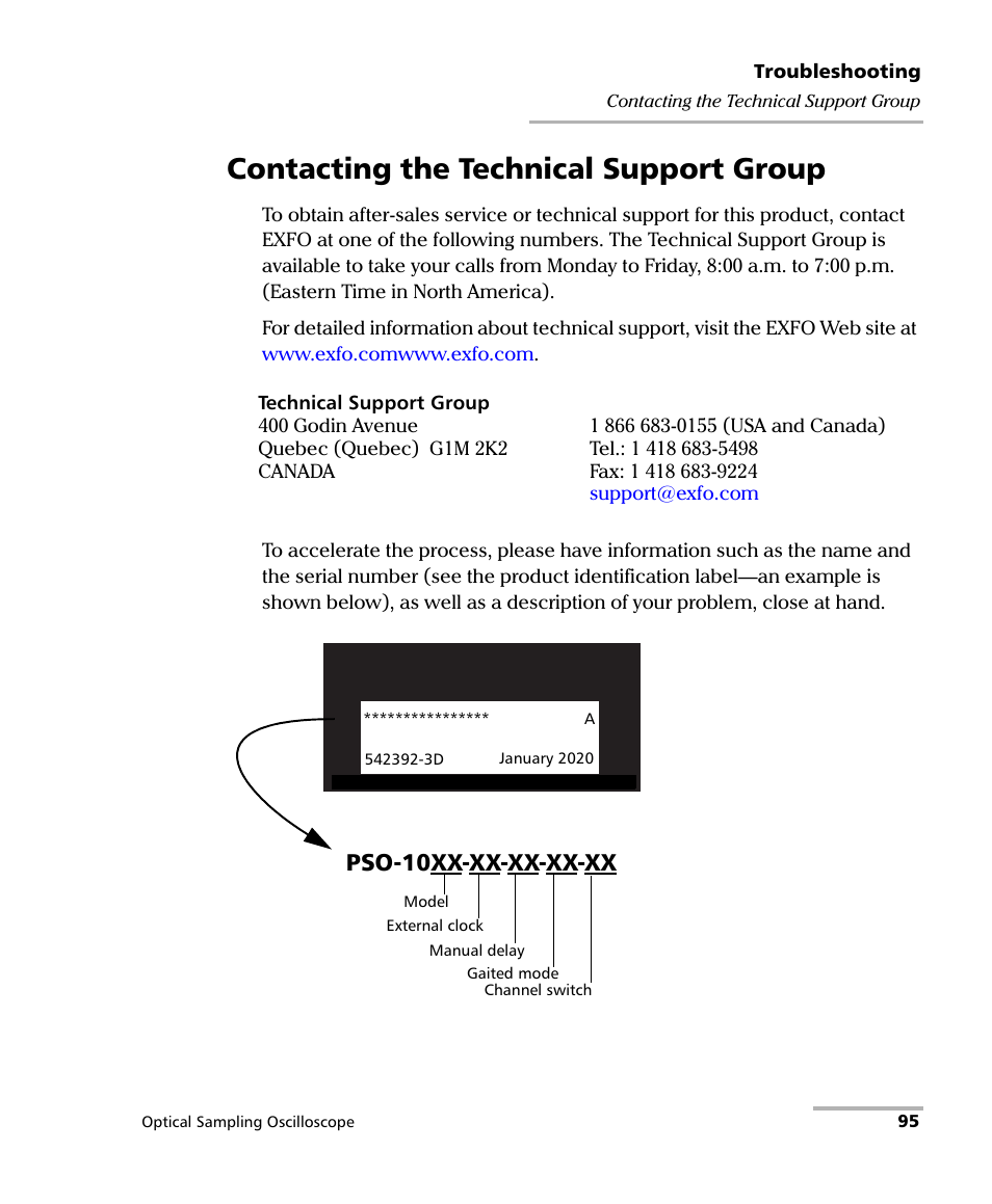 Contacting the technical support group, Pso-10xx-xx-xx-xx-xx | EXFO PSO-100 Series Optical Sampling Oscilloscopes User Manual | Page 103 / 140