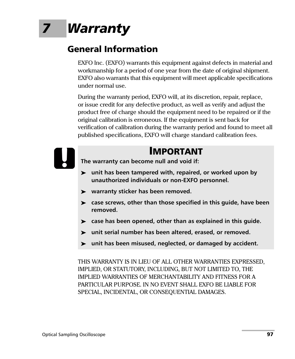 7 warranty, General information, 7warranty | Mportant | EXFO PSO-100 Series Optical Sampling Oscilloscopes User Manual | Page 105 / 140