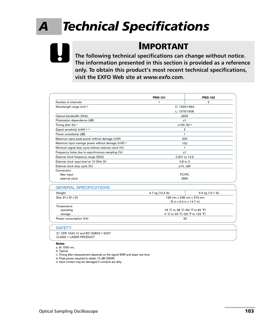 A technical specifications, Mportant, Optical sampling oscilloscope | EXFO PSO-100 Series Optical Sampling Oscilloscopes User Manual | Page 111 / 140