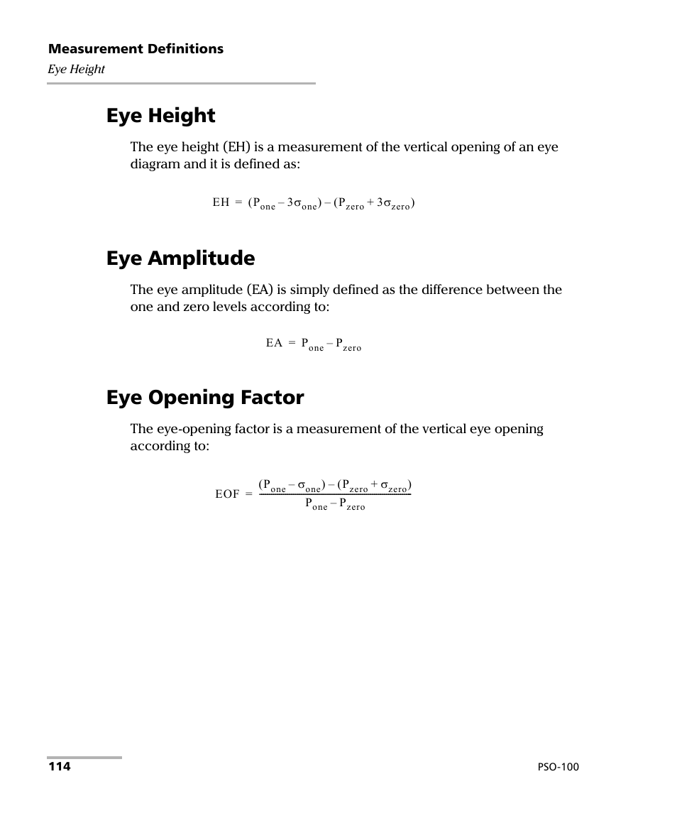 Eye height, Eye amplitude, Eye opening factor | Eye height eye amplitude eye opening factor | EXFO PSO-100 Series Optical Sampling Oscilloscopes User Manual | Page 122 / 140