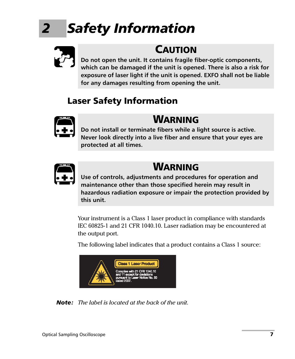 2 safety information, Laser safety information, 2safety information | EXFO PSO-100 Series Optical Sampling Oscilloscopes User Manual | Page 15 / 140