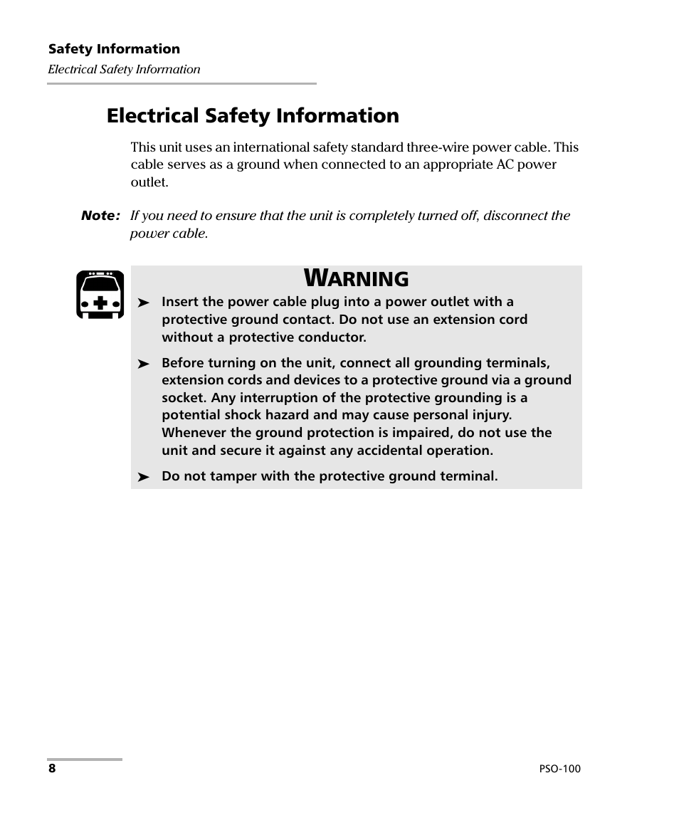 Electrical safety information, Arning | EXFO PSO-100 Series Optical Sampling Oscilloscopes User Manual | Page 16 / 140