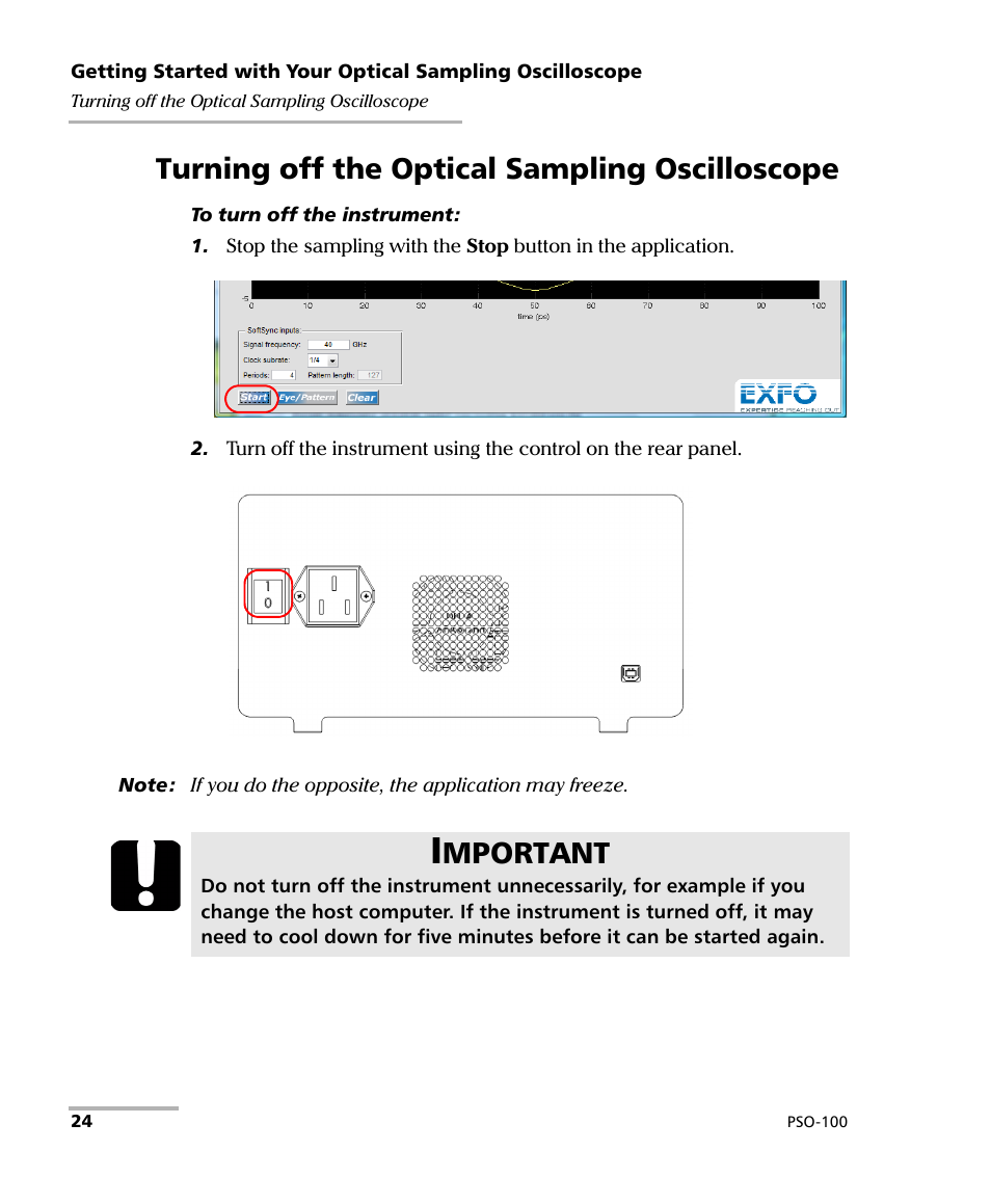 Turning off the optical sampling oscilloscope, Mportant | EXFO PSO-100 Series Optical Sampling Oscilloscopes User Manual | Page 32 / 140