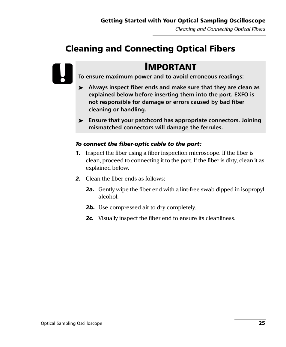 Cleaning and connecting optical fibers, Mportant | EXFO PSO-100 Series Optical Sampling Oscilloscopes User Manual | Page 33 / 140