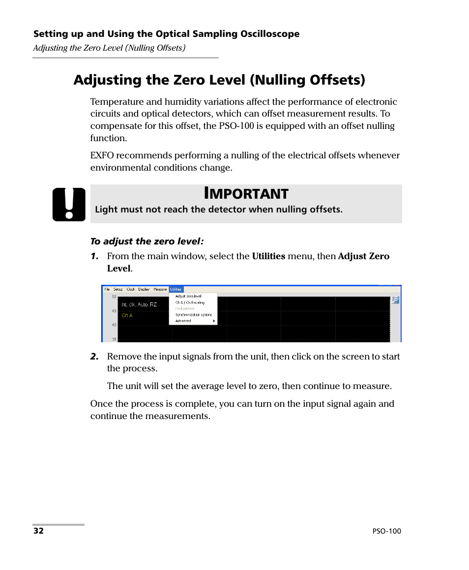 Adjusting the zero level (nulling offsets), Mportant | EXFO PSO-100 Series Optical Sampling Oscilloscopes User Manual | Page 40 / 140