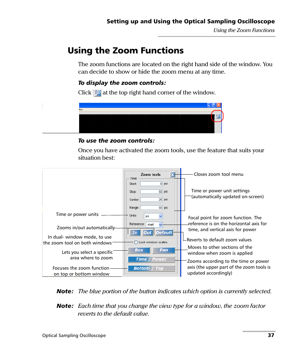 Using the zoom functions | EXFO PSO-100 Series Optical Sampling Oscilloscopes User Manual | Page 45 / 140