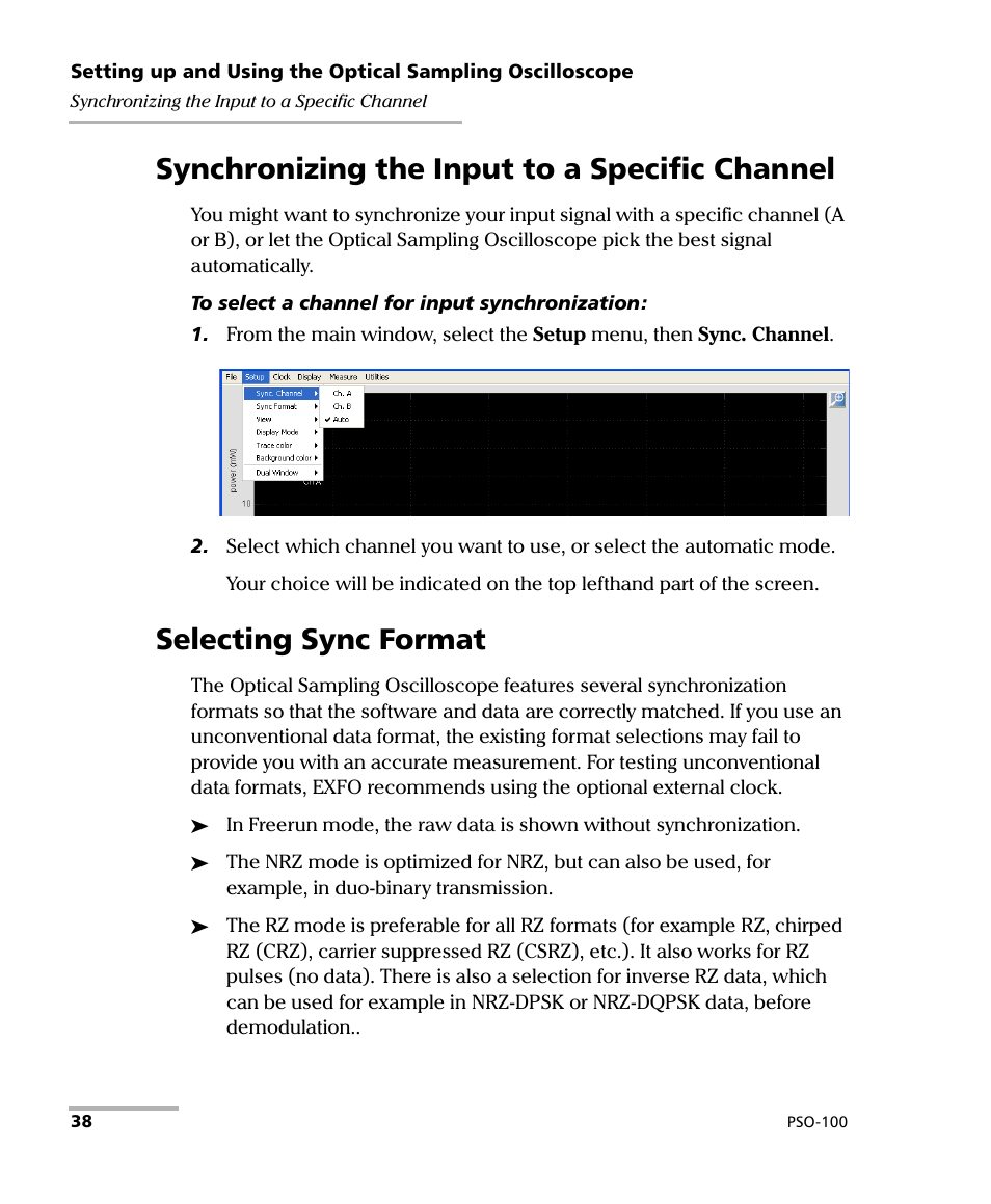 Synchronizing the input to a specific channel, Selecting sync format | EXFO PSO-100 Series Optical Sampling Oscilloscopes User Manual | Page 46 / 140