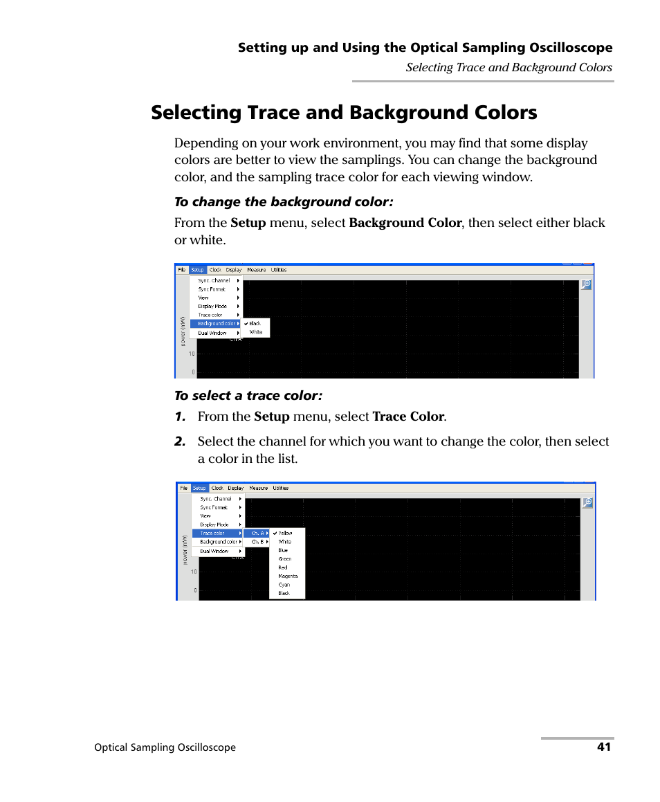 Selecting trace and background colors | EXFO PSO-100 Series Optical Sampling Oscilloscopes User Manual | Page 49 / 140