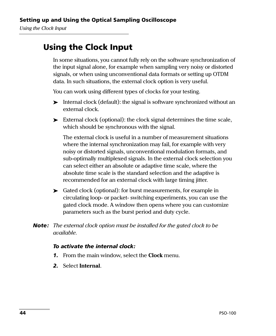 Using the clock input | EXFO PSO-100 Series Optical Sampling Oscilloscopes User Manual | Page 52 / 140