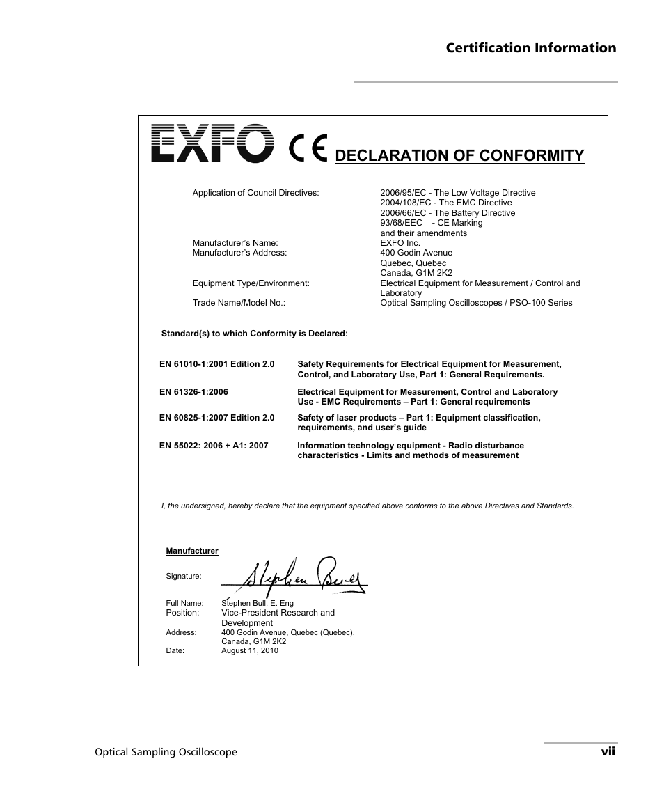 Declaration of conformity, Certification information | EXFO PSO-100 Series Optical Sampling Oscilloscopes User Manual | Page 7 / 140