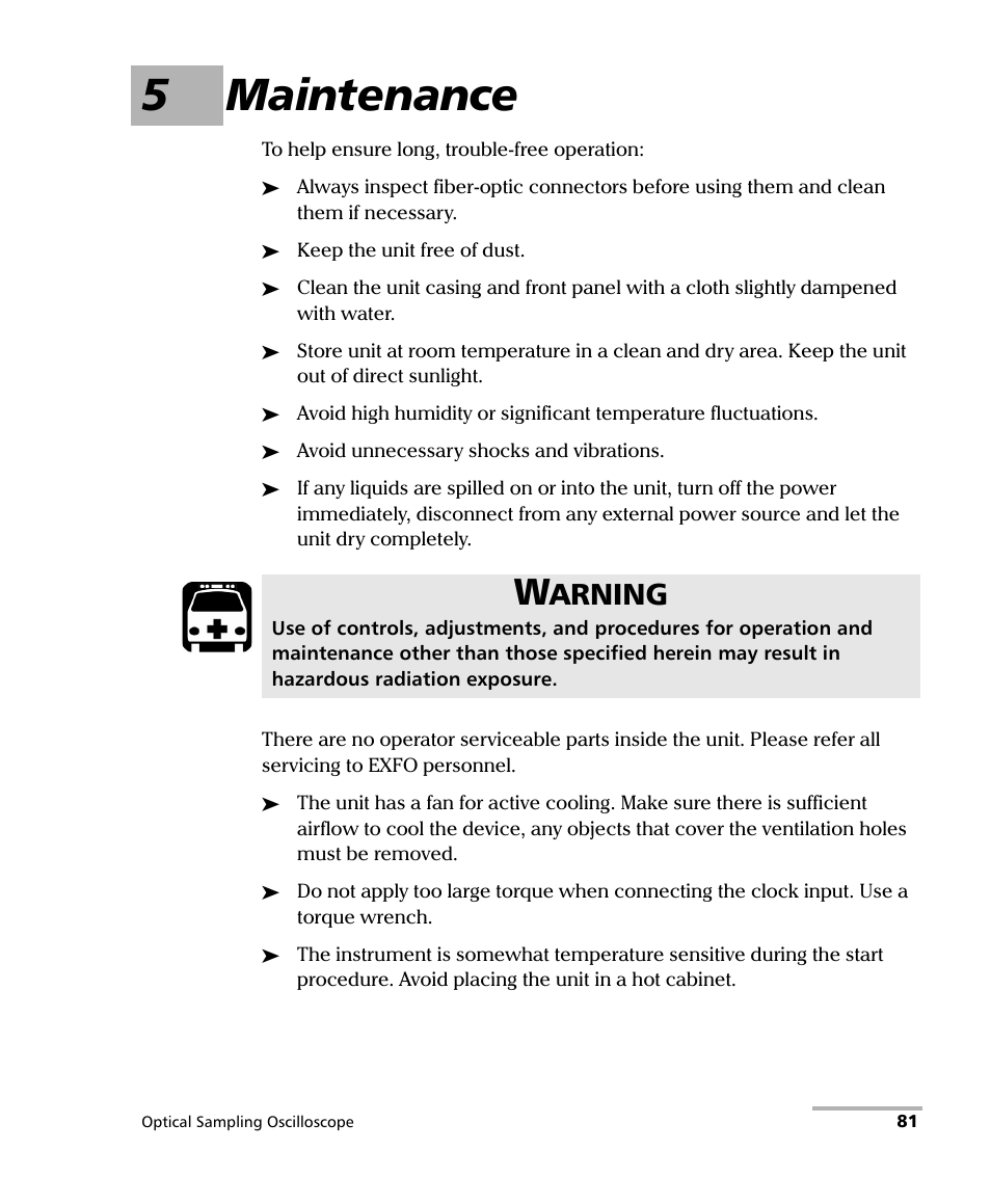 5 maintenance, 5maintenance, Arning | EXFO PSO-100 Series Optical Sampling Oscilloscopes User Manual | Page 89 / 140