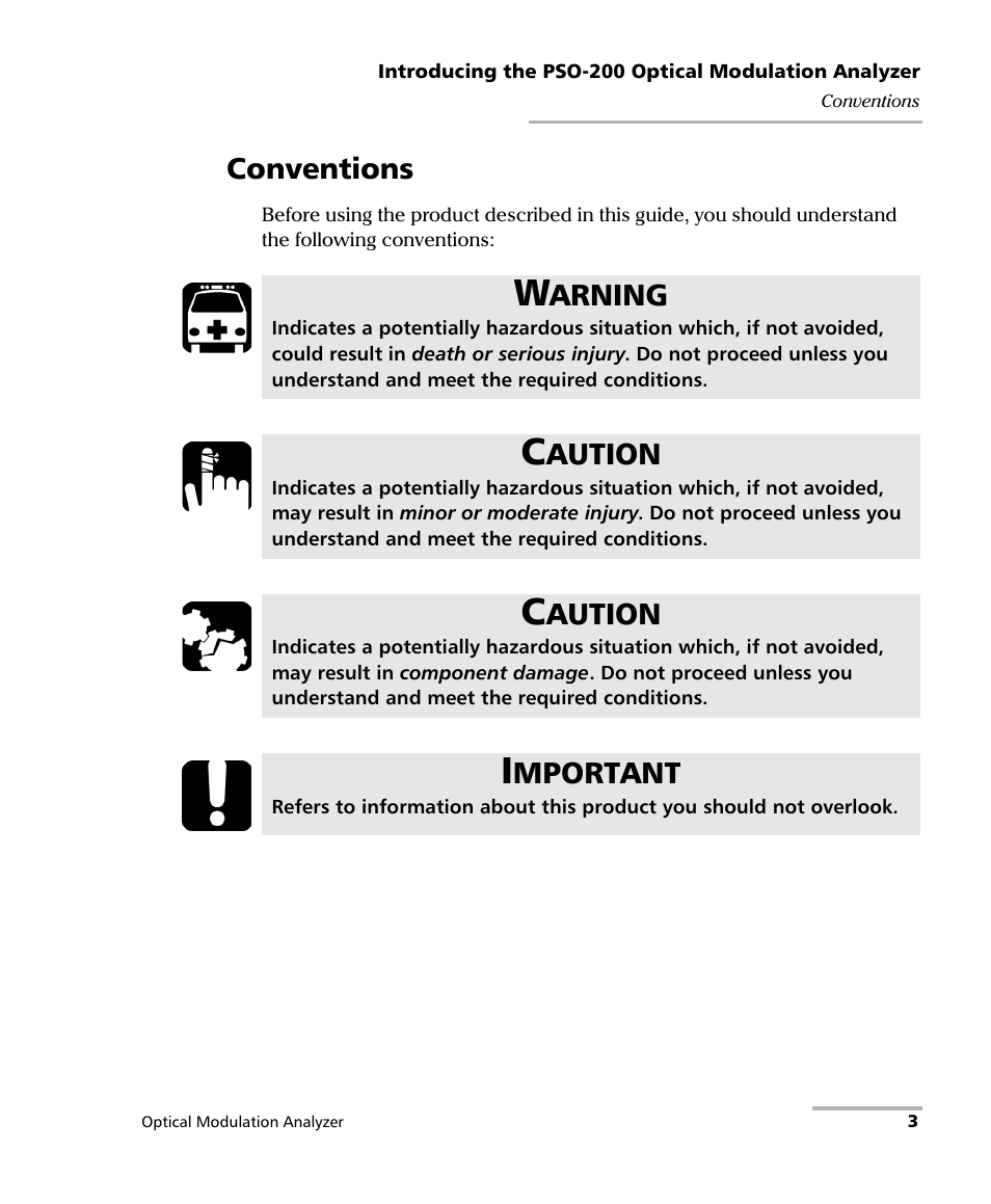 Conventions, Arning, Aution | Mportant | EXFO PSO-200 Optical Modulation Analyzer User Manual | Page 11 / 285