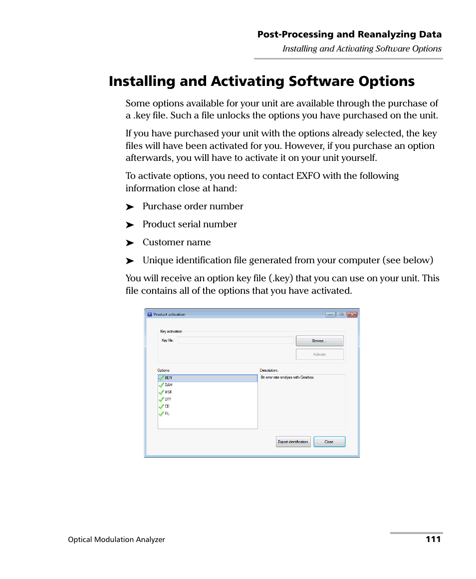 Installing and activating software options | EXFO PSO-200 Optical Modulation Analyzer User Manual | Page 119 / 285