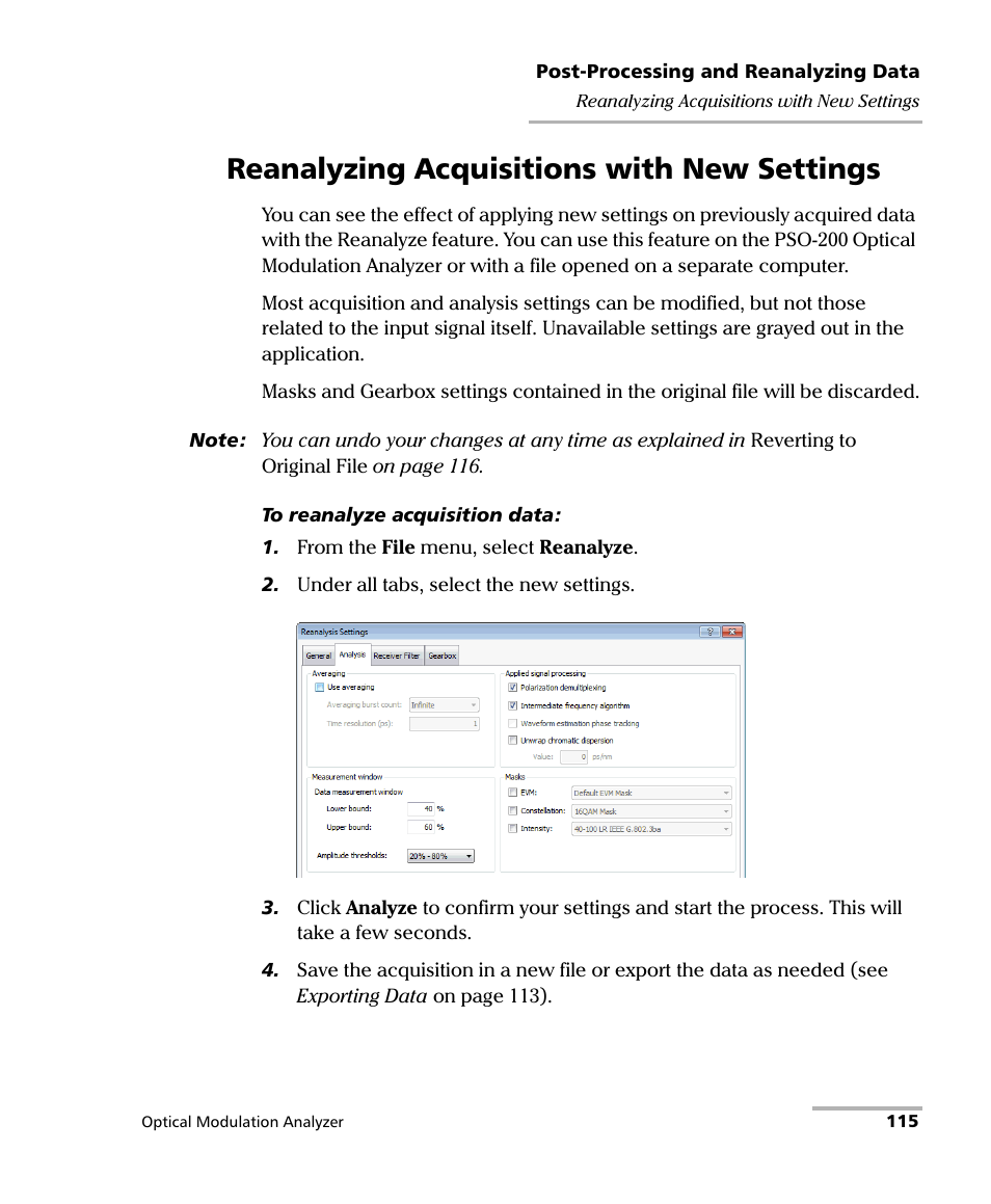 Reanalyzing acquisitions with new settings | EXFO PSO-200 Optical Modulation Analyzer User Manual | Page 123 / 285