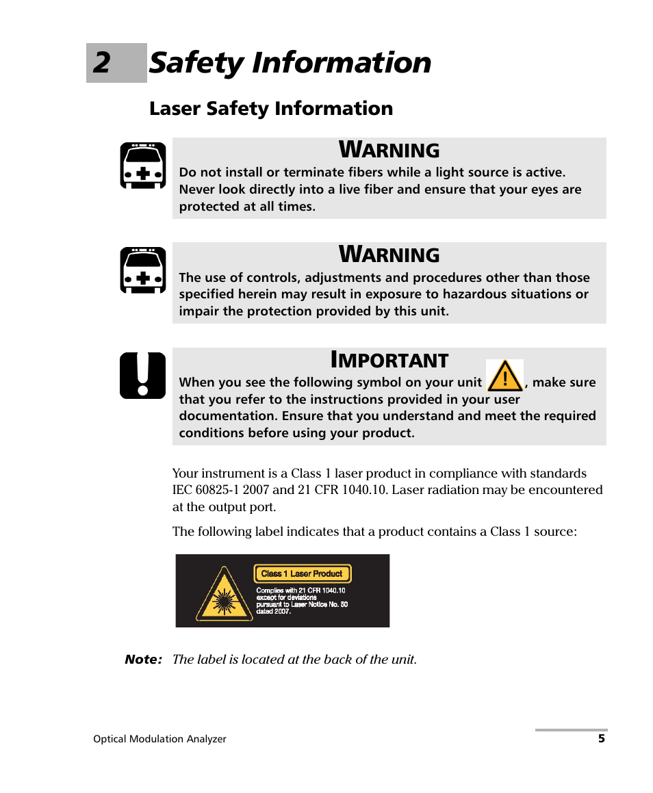 2 safety information, Laser safety information, 2safety information | EXFO PSO-200 Optical Modulation Analyzer User Manual | Page 13 / 285