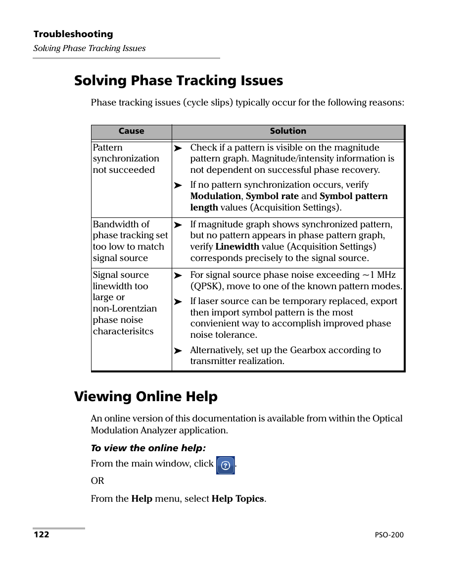 Solving phase tracking issues, Viewing online help, Solving phase tracking issues viewing online help | EXFO PSO-200 Optical Modulation Analyzer User Manual | Page 130 / 285