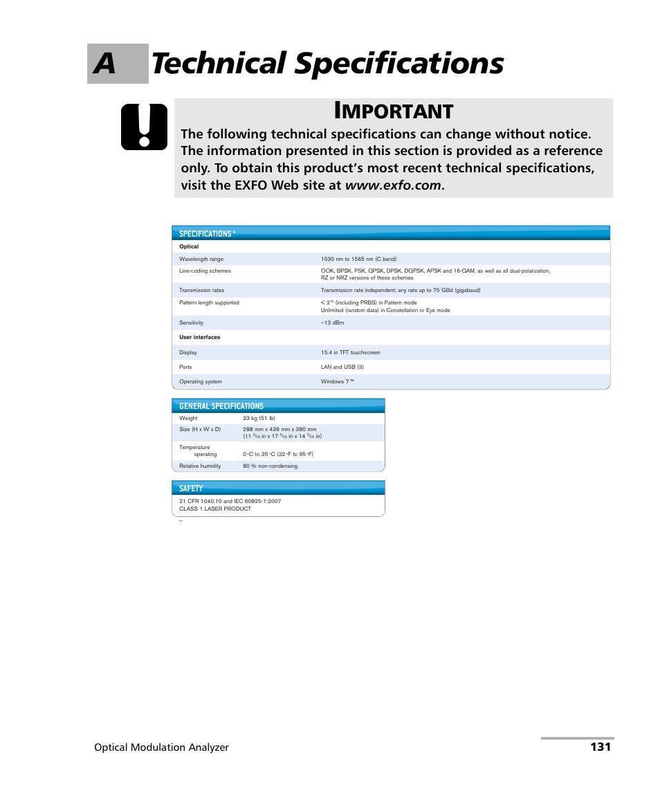 A technical specifications, Mportant, Optical modulation analyzer | General specifications, Safety, Specifications | EXFO PSO-200 Optical Modulation Analyzer User Manual | Page 139 / 285