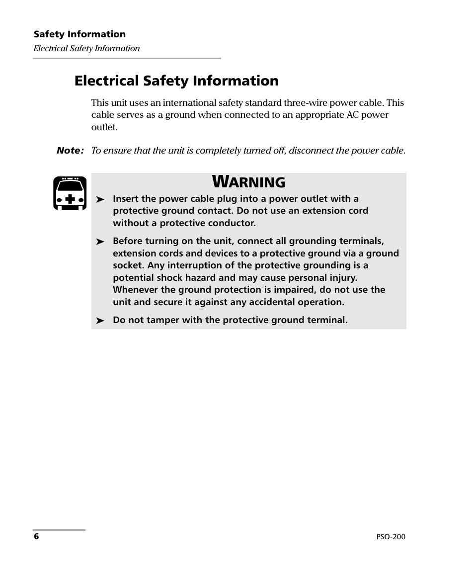 Electrical safety information, Arning | EXFO PSO-200 Optical Modulation Analyzer User Manual | Page 14 / 285