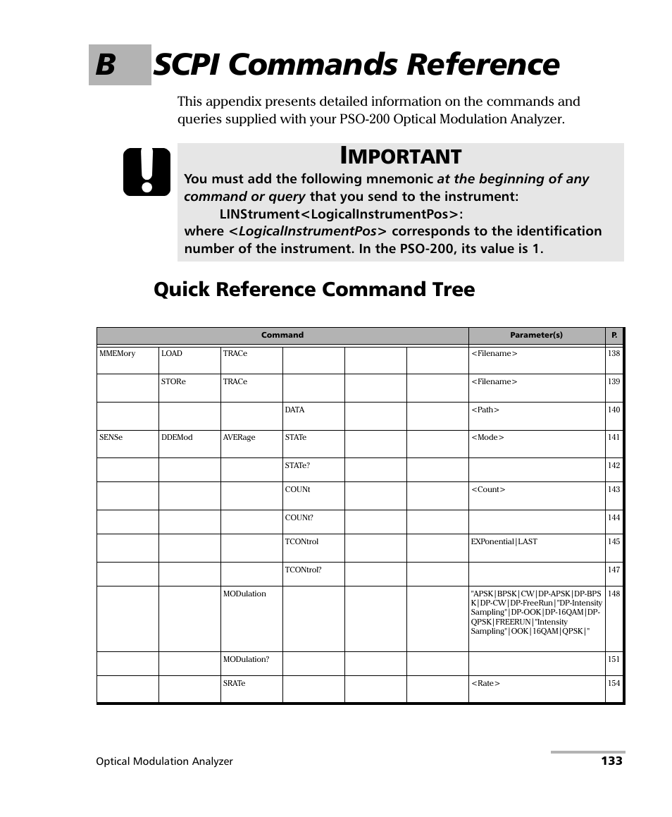 B scpi commands reference, Quick reference command tree, Mportant | EXFO PSO-200 Optical Modulation Analyzer User Manual | Page 141 / 285