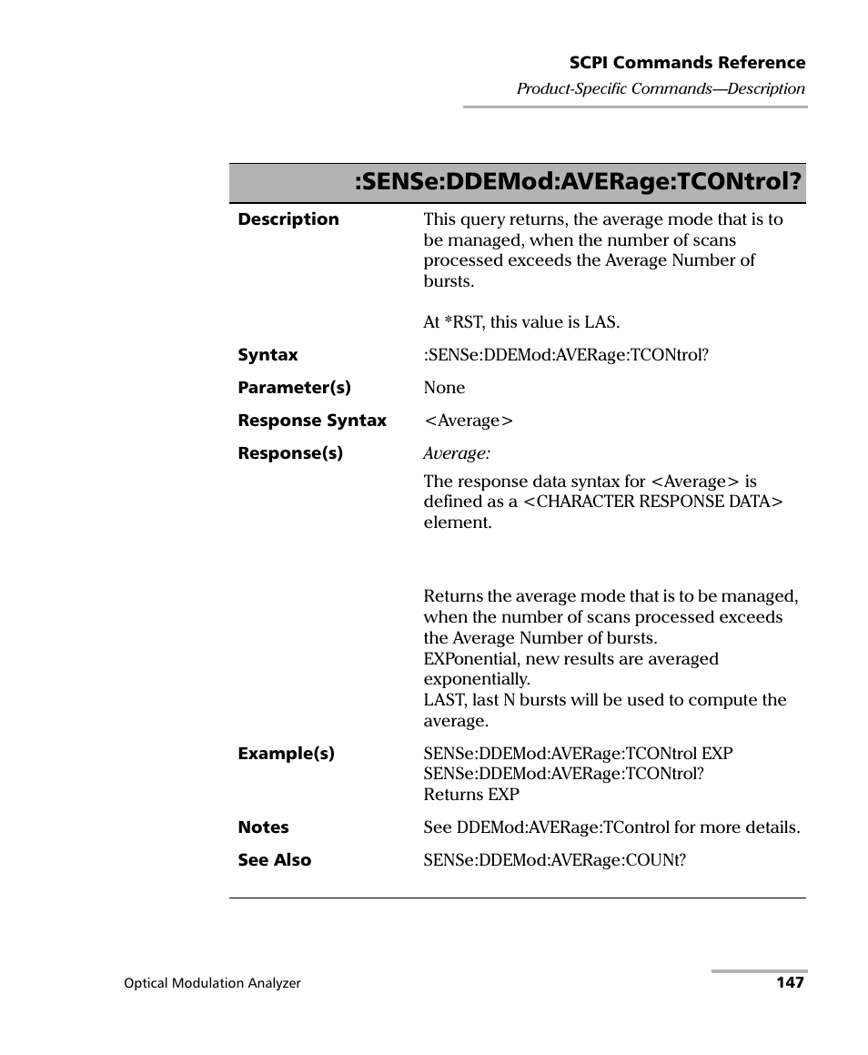 Sense:ddemod:average:tcontrol | EXFO PSO-200 Optical Modulation Analyzer User Manual | Page 155 / 285