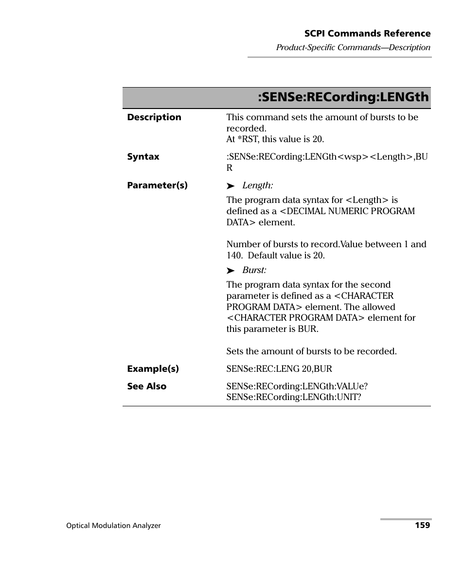 Sense:recording:length | EXFO PSO-200 Optical Modulation Analyzer User Manual | Page 167 / 285
