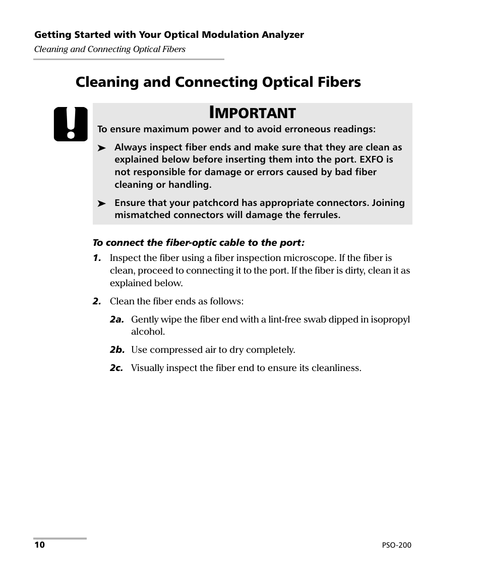 Cleaning and connecting optical fibers, Mportant | EXFO PSO-200 Optical Modulation Analyzer User Manual | Page 18 / 285