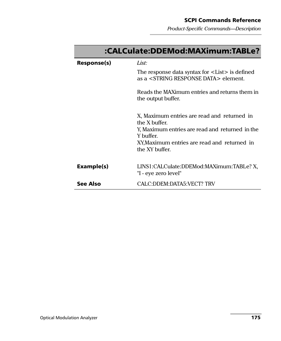Calculate:ddemod:maximum:table | EXFO PSO-200 Optical Modulation Analyzer User Manual | Page 183 / 285