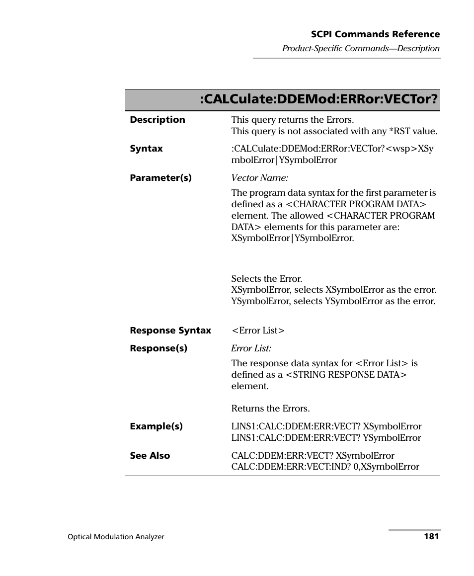 Calculate:ddemod:error:vector | EXFO PSO-200 Optical Modulation Analyzer User Manual | Page 189 / 285