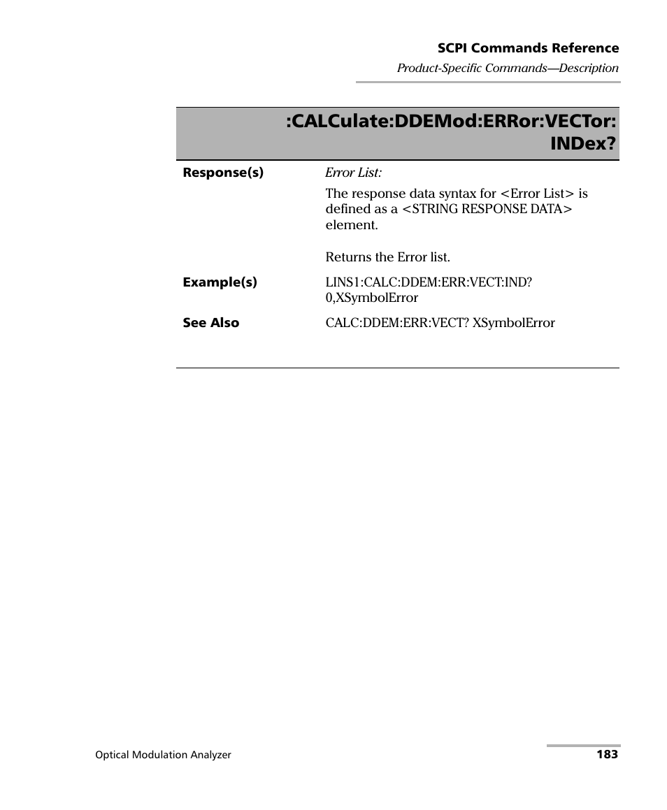 Calculate:ddemod:error:vector: index | EXFO PSO-200 Optical Modulation Analyzer User Manual | Page 191 / 285
