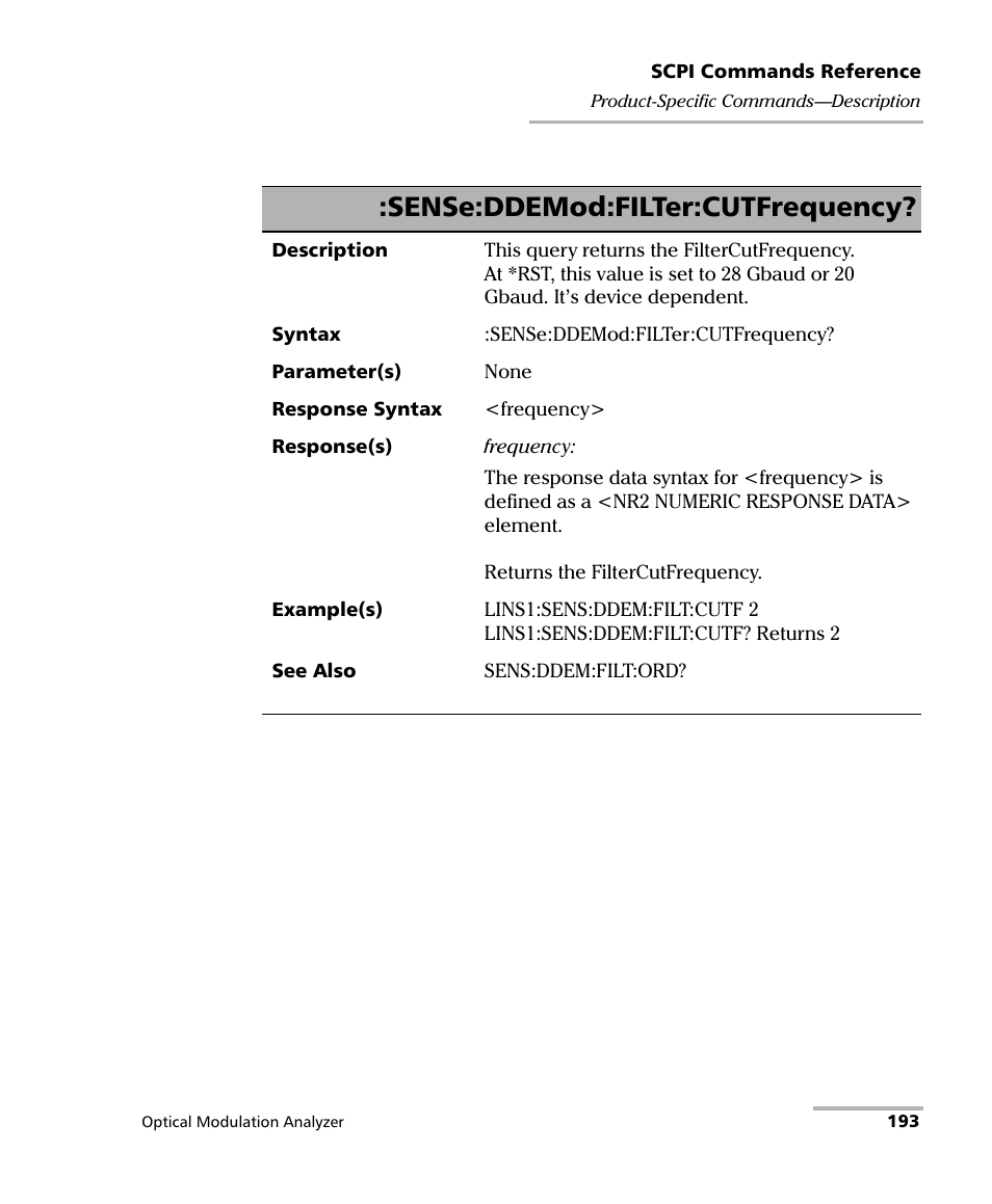 Sense:ddemod:filter:cutfrequency | EXFO PSO-200 Optical Modulation Analyzer User Manual | Page 201 / 285