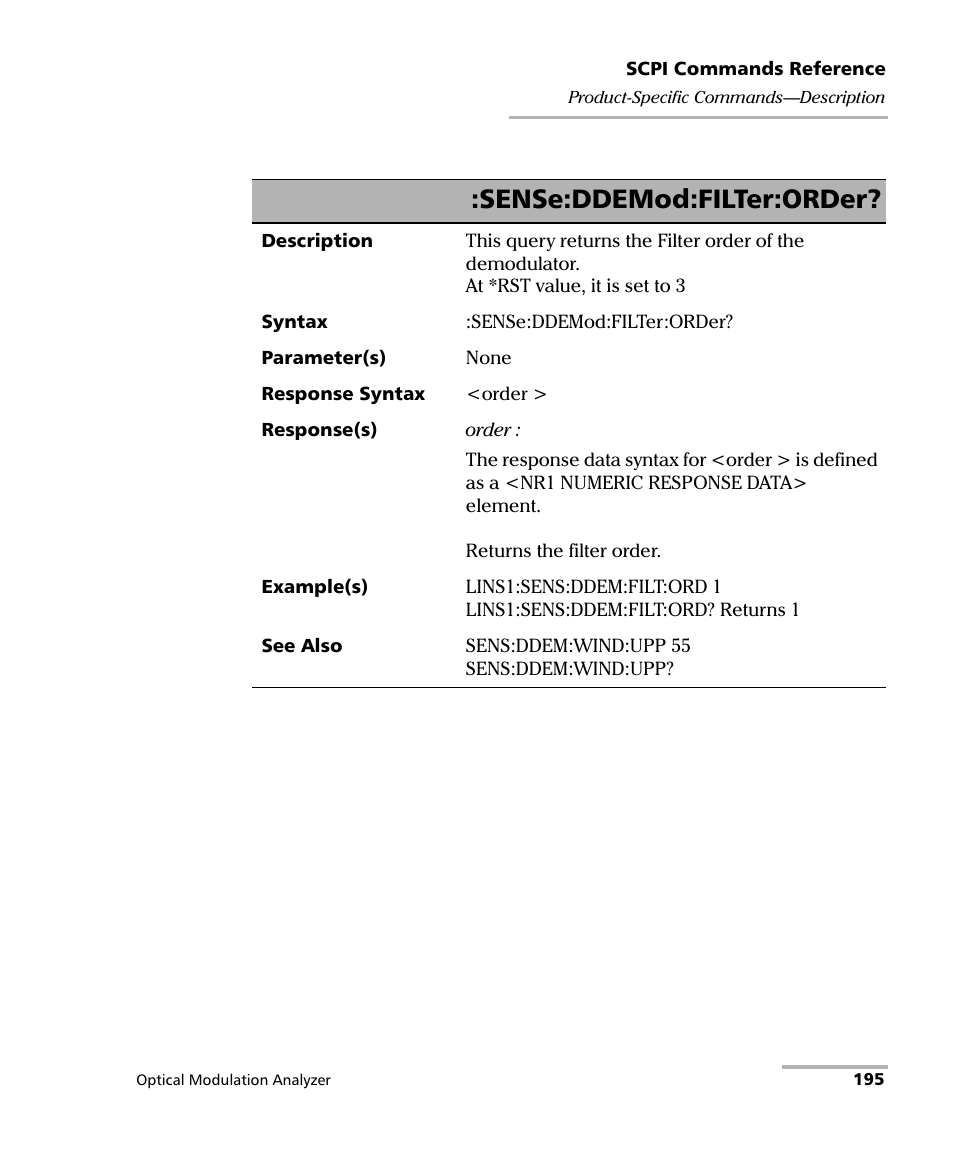 Sense:ddemod:filter:order | EXFO PSO-200 Optical Modulation Analyzer User Manual | Page 203 / 285