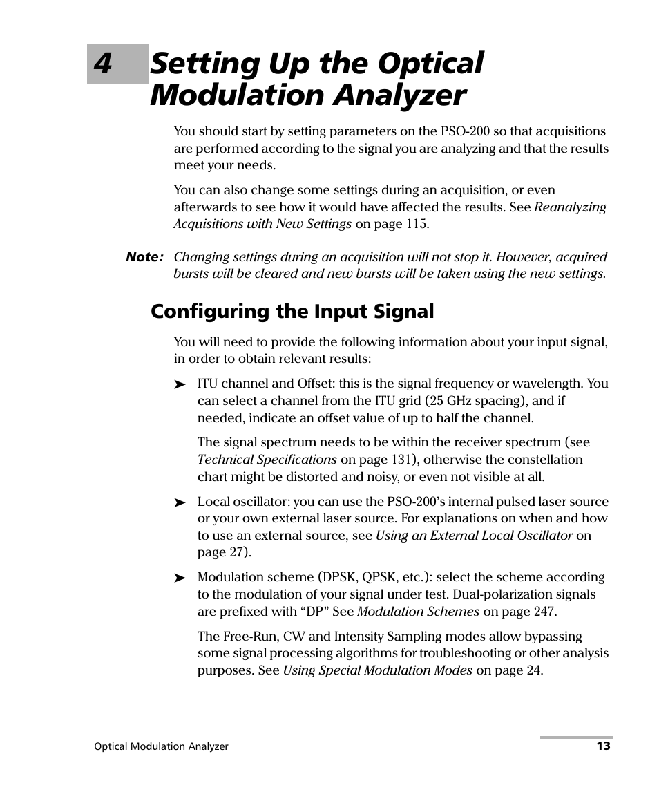 4 setting up the optical modulation analyzer, Configuring the input signal, 4setting up the optical modulation analyzer | EXFO PSO-200 Optical Modulation Analyzer User Manual | Page 21 / 285