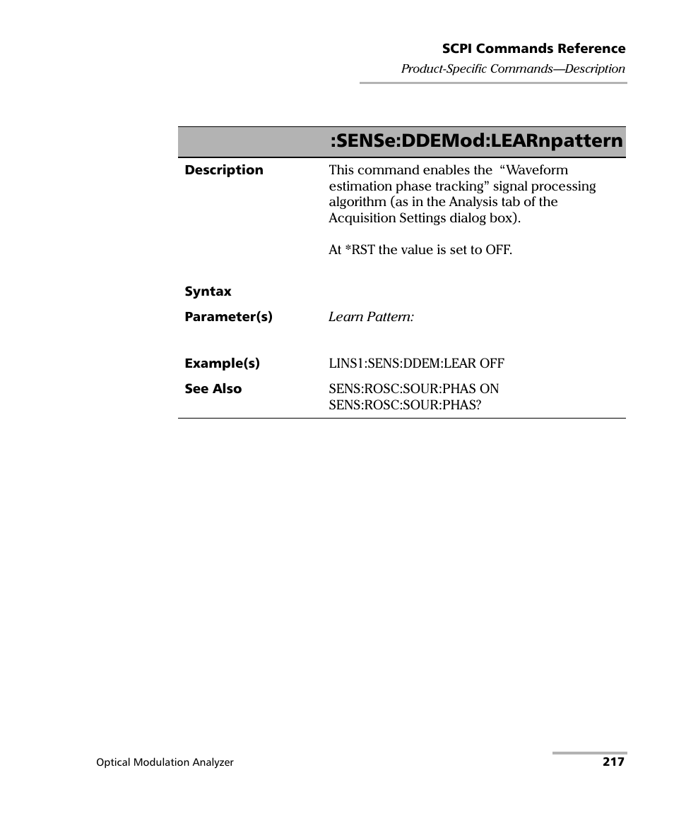 Sense:ddemod:learnpattern | EXFO PSO-200 Optical Modulation Analyzer User Manual | Page 225 / 285