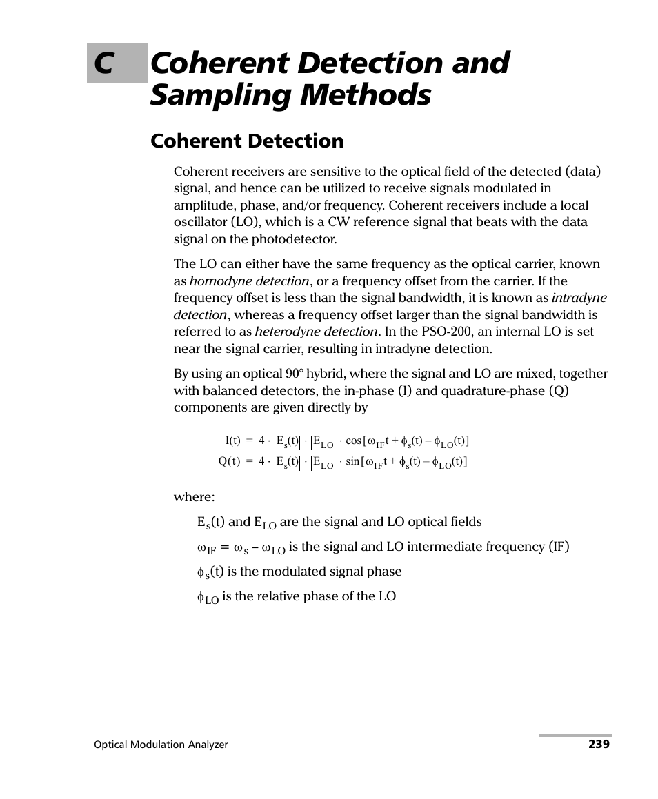 C coherent detection and sampling methods, Coherent detection | EXFO PSO-200 Optical Modulation Analyzer User Manual | Page 247 / 285