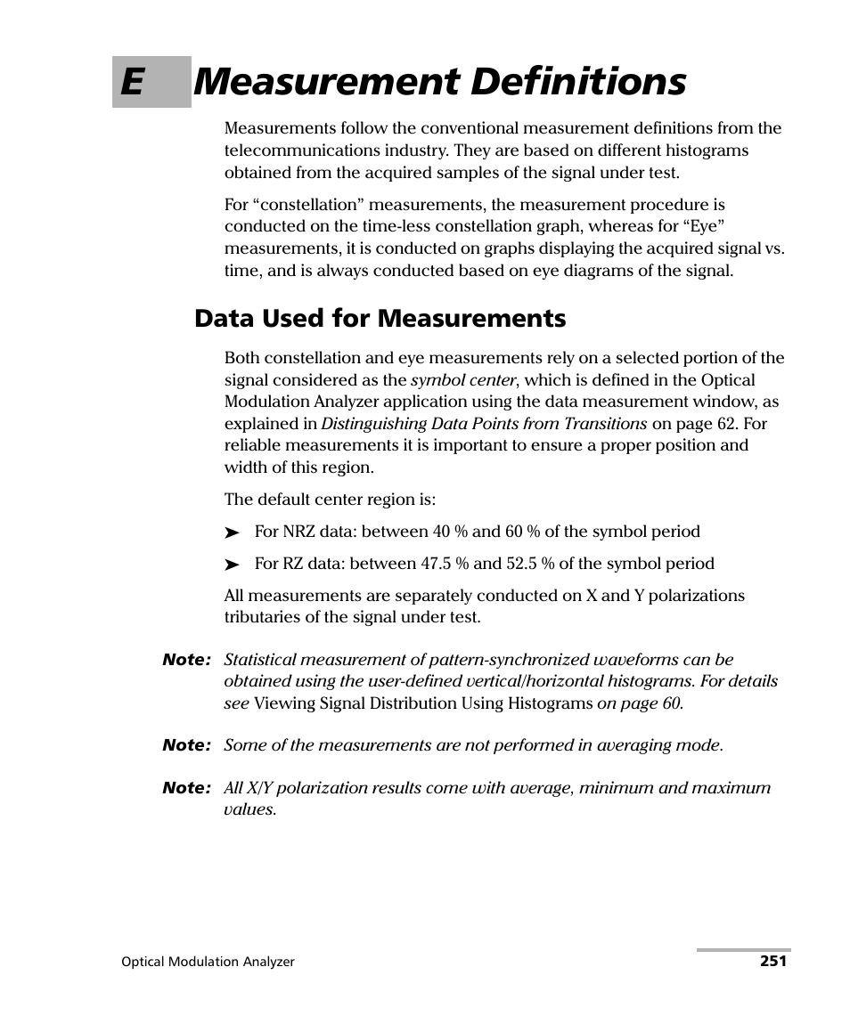 E measurement definitions, Data used for measurements, Emeasurement definitions | EXFO PSO-200 Optical Modulation Analyzer User Manual | Page 259 / 285